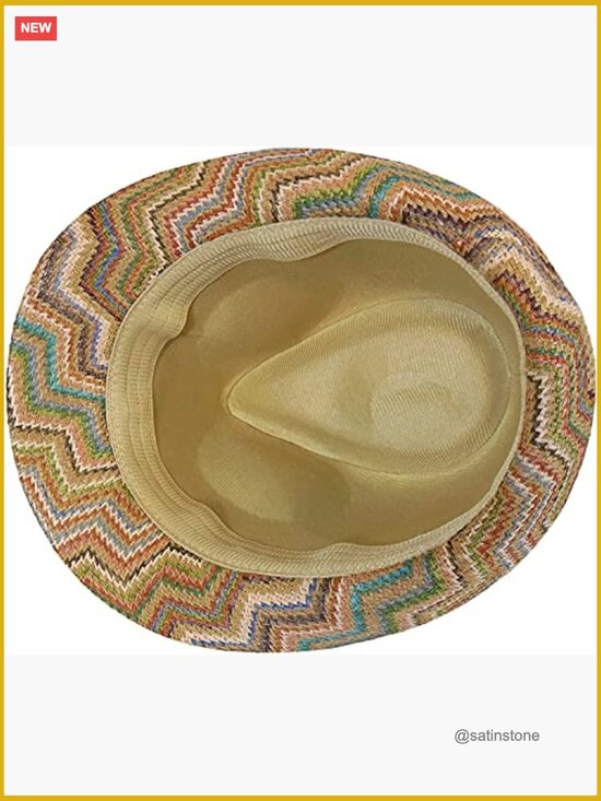 Bohemian Straw Fedora Hat with Chevron Pattern - One Size Fits Most
